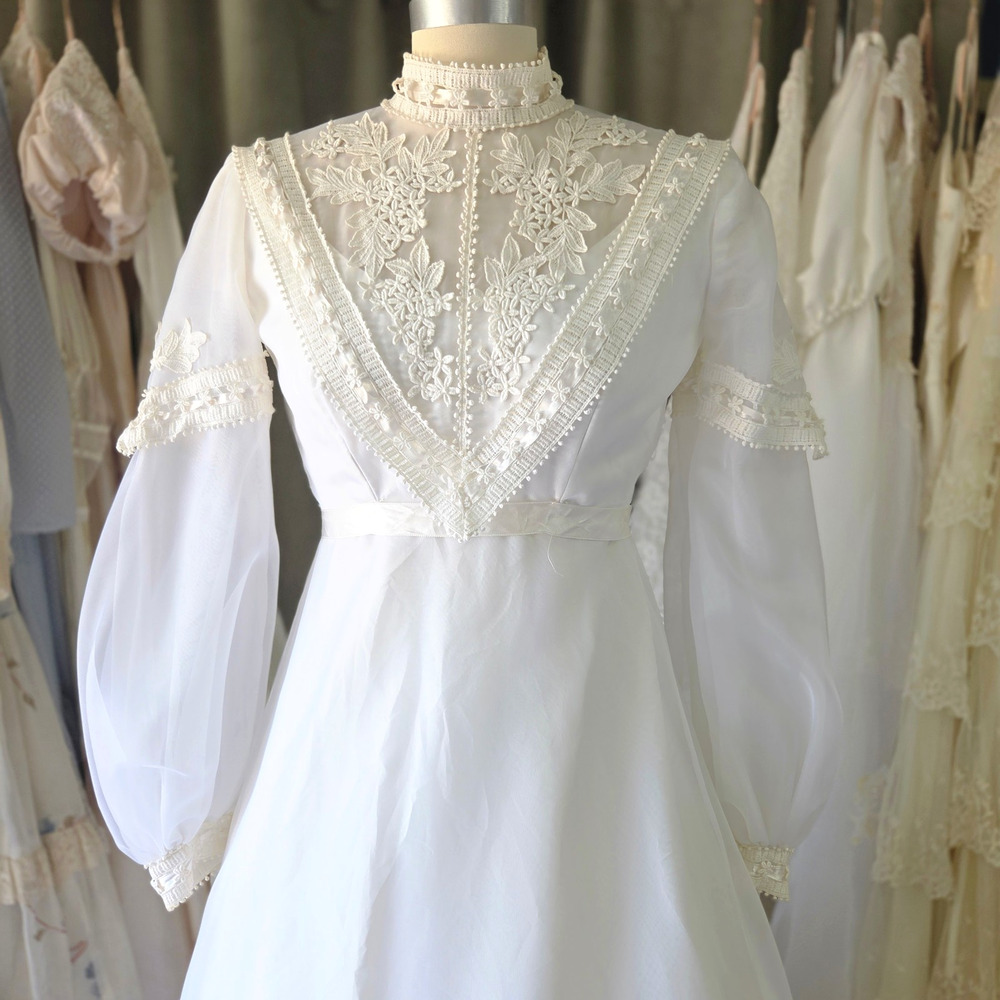 Vintage 70s Wedding Dress Size XS S Ivory Chiffon Bishop Sleeve Lace Ribbons